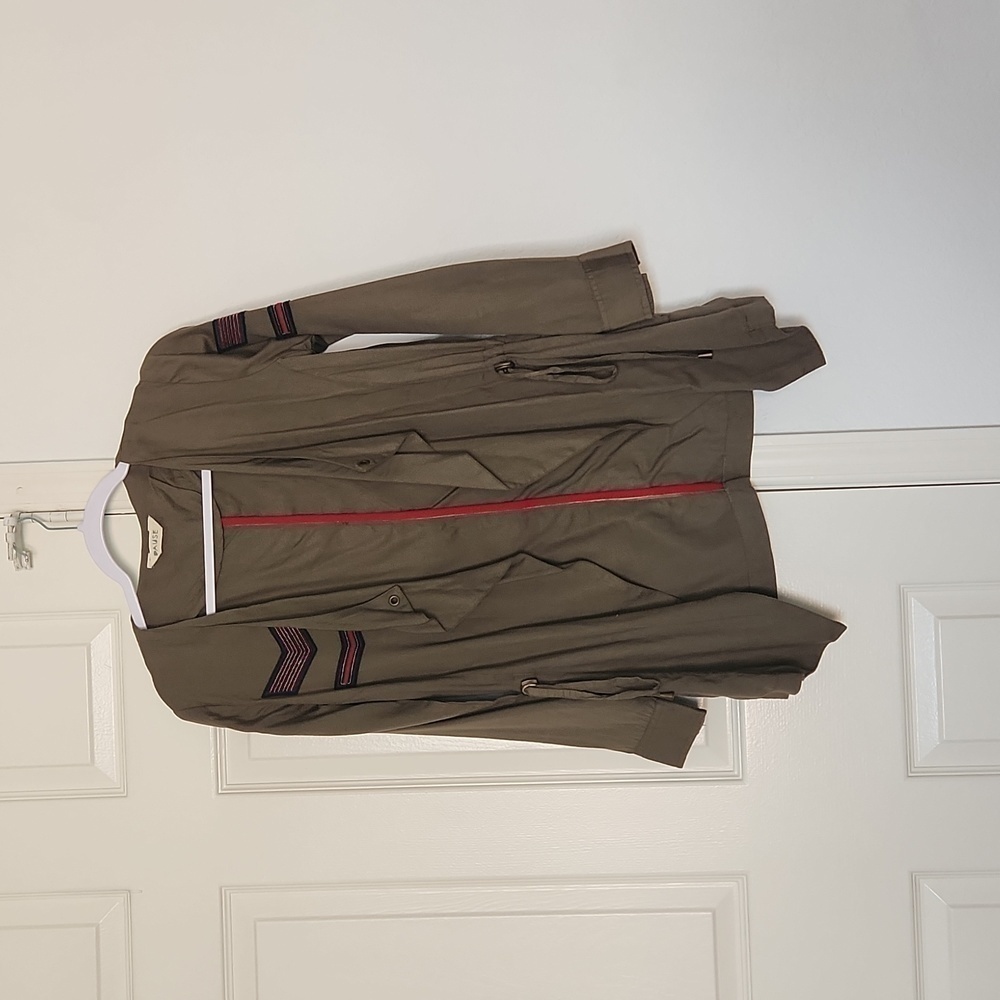 Pause Military Patch Olive Green Open Front Waterfall Jacket. Size Small